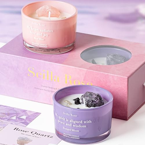 Scilla Rose Luxury Crystal Candle Gift Set – Rose Quartz & Amethyst Scented Soy Wax Candles | Aromatherapy Self-Care, Lavender Sleep, Stress Relief, Unique Christmas & Birthday Gifts
