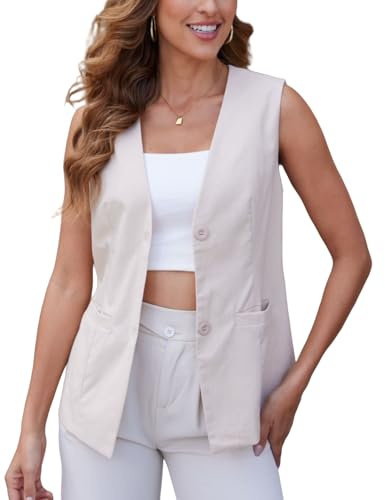 YOUNIFIZ Lange Leinenweste für Damen, ärmellos, V-Ausschnitt, Tasche, Knopf, Arbeit, Freizeit, leichte Leinenweste, aprikose, XXL
