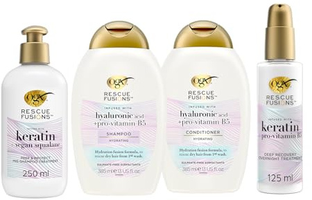 OGX Rescue Fusions Ultimate Bundle for Dry Hair, Hyaluronic Acid Shampoo (385ml) & Conditioner (385ml), Deep Recovery Overnight Treatment (125ml) and Prep and Protect Pre-Shampoo Treatment (250ml)