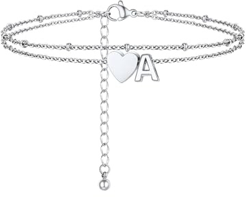 PROSTEEL Tobilleras Pulseras Mujer Plata Doble Capas con Corazón Inicial Letra A-Z Pulsera de Tobillo Acero Inoxidable Joyas de Mujer Chica para Verano Playa 22cm+5cm