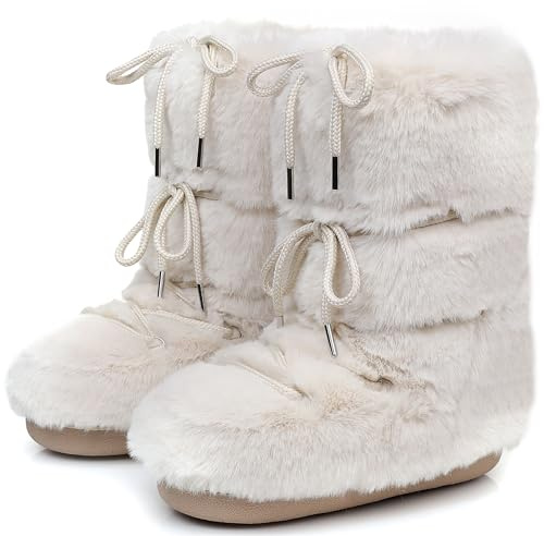 ZHENAIYISHENG Black White Fur Boots, Furry Fuzzy Snow Boots for Women with Faux Fur Lined Non-Slip Lace-up Mid-Calf Ski Boots 2025 (beige, 6, 7)