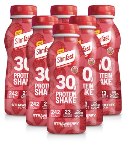 SlimFast • 30g Protein Meal Replacement Shake • Strawberry Flavour • 242 Cals • 23 Vitamins + Minerals • No Added Sugar • Gut Friendly • Ready to Drink • 6 x 325 ml (6 meals)