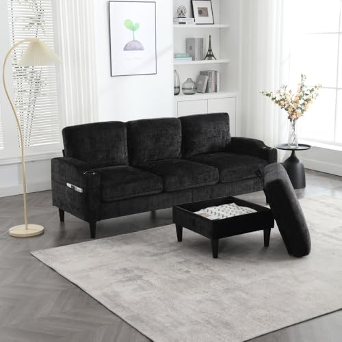 Wyibwy Sofá modular con reposapiés y almacenamiento, sofá esquinero con cómodos reposabrazos, sofá de 4 plazas con portavasos y bolsillos laterales, patas de plástico resistente, terciopelo, color