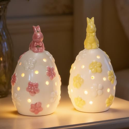 DN Decoration LED Osterdeko Hasen Figuren Set, Keramik Hasen mit Beleuchtung für Osterdeko innen und Frühlings Tischdeko, Weiße Keramik Statuen für Landhaus Wohndekoration, Geschenk 2 Stück