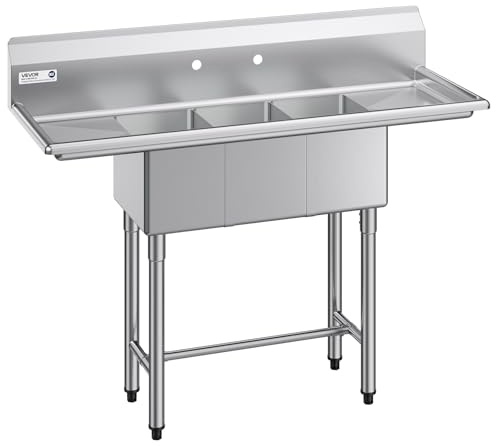 VEVOR Lavello a 3 Scomparti Rettangolare in Acciaio Inox 304 Lavello Autoportante a 3 Vasche Multiuso con 2 Scolapiatti e Paraschizzi Dimensioni Vasca 254 x 356 x 254 mm, per Esterno Garage Cucina
