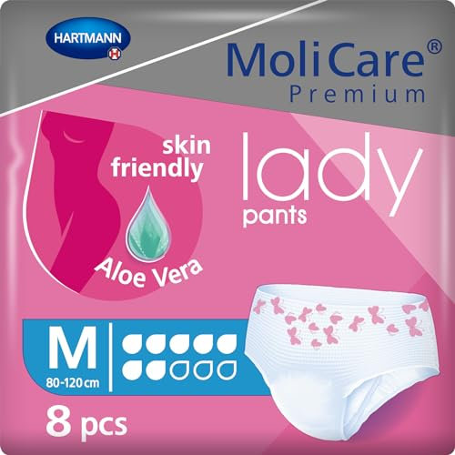 MoliCare Premium Lady Pants, 7 Drops, Soft and Discreet Bladder Weakness Pants for Women, with Aloe Vera Treated Topsheet, Size M, 31-47inches (80-120cm), Pack of 8