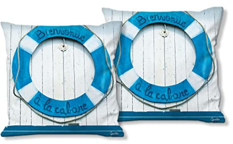 Glücksvilla - Künstler-Foto-Kissen-Hüllen - Kissen-Bezüge Set (2 STK.) 40 x 40 cm, Zierkissen - Deko-Kissen. Motiv: Bienvenue - Rettungsring willkommen maritim Moderne Fotografie