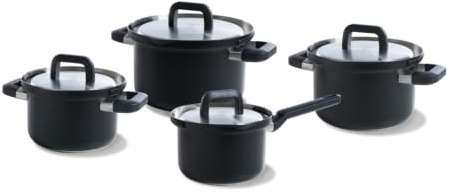 BK Flow Cool Black Topfset 4-teilig mit Edelstahldeckeln – Sicheres Abgießsystem, Edelstahl, Induktionsgeeignet, Backofenfest bis 160 °C & Spülmaschinengeeignet