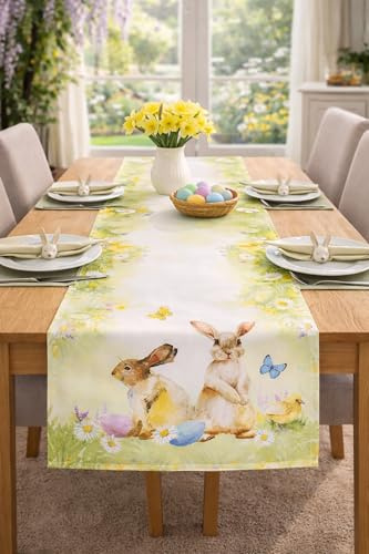 KAMACA Tischläufer Ostern & Frühling – 40x140 cm Tischläufer mit verspielten Hasen & Blumen – Bunter Oster-Tischläufer waschbar – Dekorative Tischwäsche für Küche & Wohnzimmer