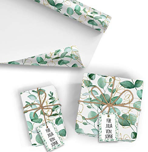 25x Geschenkpapier Motiv Eukalyptus - 25 große Bogen je 70 x 100 cm - verpackt als eine Rolle - inkl. Passende Geschenkanhänger - Umweltfreundliche Geschenkverpackung - Marke Neuser