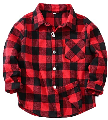 Coralup Kids Cotton Plaid Button Down Long Sleeve Shirt for Boys Girls Red 10-11Years
