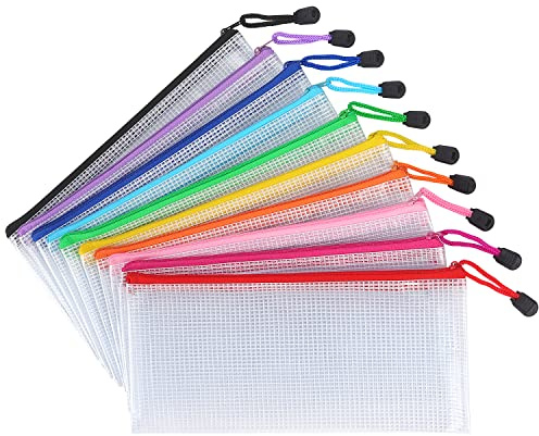 Tamaki 10 Pack Mesh Zipper Pouch Document Waterproof Zip File Bags Plastic Pencil Pouches A6 Size for Classroom Organization School Office Supplies(Colorful)