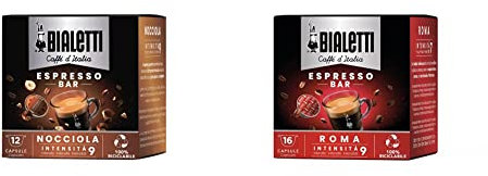 Bialetti Caffè d'Italia, Box 12 Capsule, Gusto Nocciola, Compatibili con Macchine Bialetti sistema chiuso, 100% Alluminio & Caffè d'Italia, Box 16 Capsule, Roma, Intensità 9