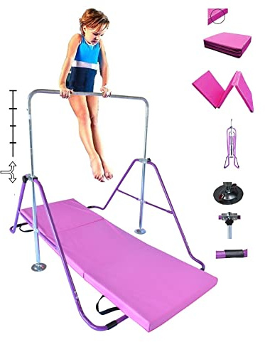 Gymnastics Training Kip Bar for Kids with 6'x2' Tumble Mat | Height Adjustable Horizontal Bar Indoor Home Gym | Folding Jungle Gym Monkey Bar Junior Gymnastic Training Bar Gymnastic Equipment (Purple)