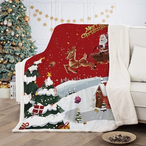 Fondream Christmas Sherpa Fleece Blanket Winter Warm Christmas Santa Claus Blanket for Sofa Bed Chair(150x200cm,Red)