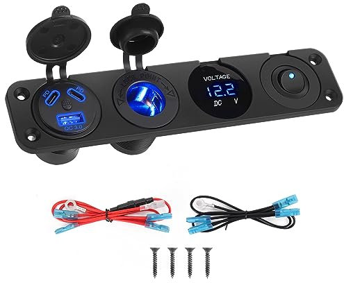 Thlevel USB C Steckdose 12V Auto Zigarettenanzünder Panel Dual 45W PD und 18W QC3.0 mit Unabhängiger Schalter und Digital Voltmeter für 12V-24V LKW KFZ Wohnwagen Motorrad Boot