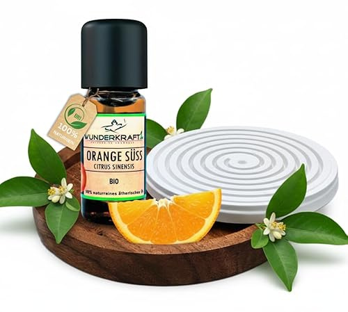 WUNDERKRAFT.BIO Aceite esencial de naranja + piedra aromática y plato de madera en set – Aceite esencial 100% natural de Wunderkraft.BIO, aromaterapia y difusor adecuado, 10 ml de aceite aromático