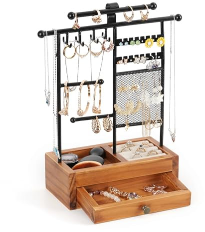 WPAJIRZO Schmuckständer Vintage - Holz Schmuckhalter mit Schublade für Halsketten, Ohrringe, Ringe, Armbänder & Uhren - Schmuck Aufbewahrung Organizer, Geschenk für Damen