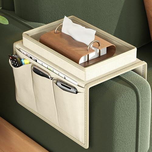 Hosoncovy Organizador de bandeja para reposabrazos de sofá, bolsa de almacenamiento para brazo de sofá, control remoto antiderrames y soporte para teléfono celular (blanco)