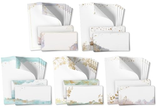 100 Teile Set - Großer Briefpapier und Umschlag Mix mit 5 Motiven - Motivpapier Briefumschlag edel modern - Aquarell Goldakzent Look