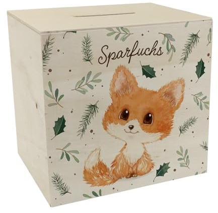Speecheese Tirelire Bois Renard avec Slogan Babyfuchs, Tirelire Mignonne pour Bureau et Enfants, Motif Nature et Forêt, Aquarelle, Idéal Chambre d'Enfants, Hiver