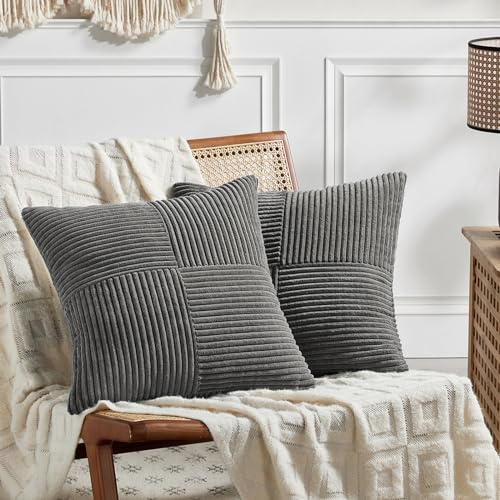 FDTERN Set med 2 Boho kuddfodral, 35 x 35 cm, mörkgrå, korsmönster, dekoration, manchester, kuddfodral, modernt kuddfodral för soffa, sovrum, stol säng
