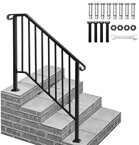 Handrails for Outdoor Steps, 3 or 4 Steps Stair Railing, Black Wrought Iron Stair Handrail with Installation Kit, Porch Deck Railing