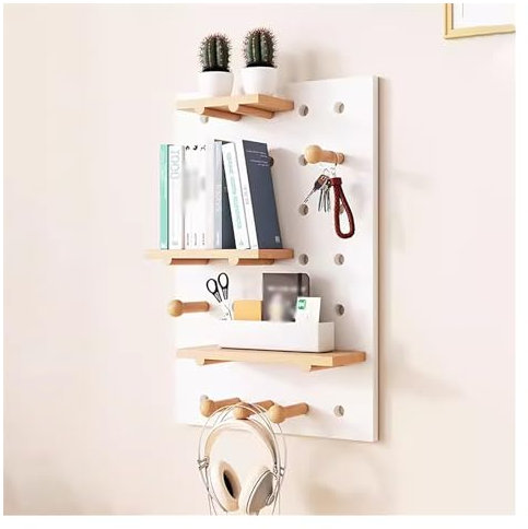 Wall Mount Display Peg Boards Kit,Wooden Peg Boards,Pegboard Wall Organizer Pegboard Panel for Bedroom Study Office Bathroom(Color:White,Size:40x60cm)