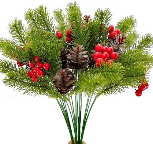 gaoduanluoluo 4 Stück Künstliche Tannenzweige Mit Zapfen und Beeren | Rote Beeren Tannenzapfen Zweige für Weihnachtskranz, DIY Christbaumschmuck, Weihnachtsgesteck Deko (Stil1)