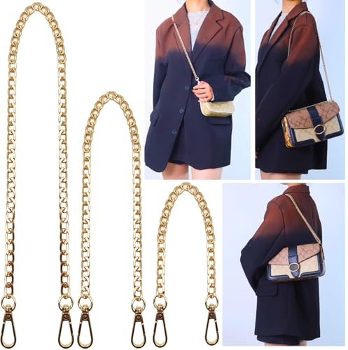 Hongbaite 3-pack guld (45 cm + 95 cm + 125 cm) väskkedjor för kvinnor handväskor, gör-det-själv axelremsväskor kedjelöjare rem med spännen
