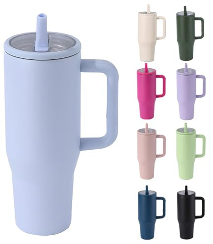 Moollyfox 1 200 ml/40 oz isolerad mugg läckagesäker rostfritt stål dubbelväggig bilmugg med sugrör kaffekopp kylkopp resemugg med handtag och läckagesäkert lock ljusblå