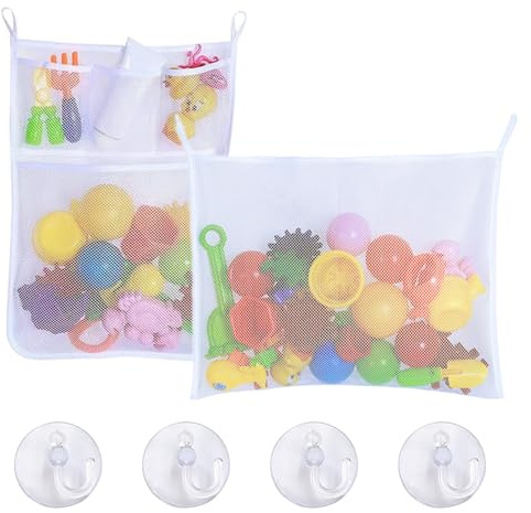 TRKETK 2 Stück Spielzeugnetz Badewanne, Badespielzeug-Halter Bad Spielzeug Organizer Badenetz für Spielzeug Badewannenspielzeug Aufbewahrung mit 4 Saugnapf Spielzeugnetz Badewanne Aufhängen (Weiß)