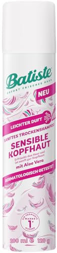Batiste Trockenshampoo Sensible Kopfhaut Leichter Duft, 200 ml, dermatologisch getestet, sanft zur Kopfhaut, ohne Ausspülen, Haarpflegespray, leichte Formulierung für erfrischtes Haar, mit Aloe Vera
