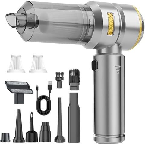 Bizcasa Aspirador de Mano 4en1,22000Pa Mini Soplador de Polvo Eléctrico con Motor Sin Escobillas,3 Velocidades Aspirador Coche 6000mAh,Pulverizador de Aire comprimido,para Uso en la Oficina,el hogar