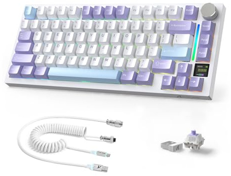 AJAZZ X Attack Shark X820Ultra Funk-Mechaniktastatur & Gespritztes Kabel | 2.4G/BT/USB-C, 75% Layout 80 Tasten mit TFT-Farbbildschirm & CNC-Knob, RGB Hot-Swap, 4000mAh-Lila/Gift Switch