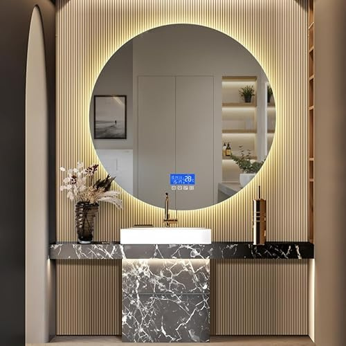 Badezimmerspiegel mit Beleuchtung 100 cm, LED-Spiegel für Badezimmer, Wandmontage, runder LED-Spiegel mit Anti-Beschlag-Beschichtung, Touch-Schalter, HD-Hartglas, 3 Lichtfarben, dimmbar