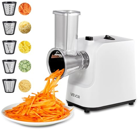 VEVOR Rallador de Queso Eléctrico 5 en 1, ABS, Cortador de Ensaladas de 200 W, con 5 Accesorios, Cuchillas de Acero Inoxidable para Verduras y Queso, Corte Rápido, 240 x 125 x 270 mm, Blanco