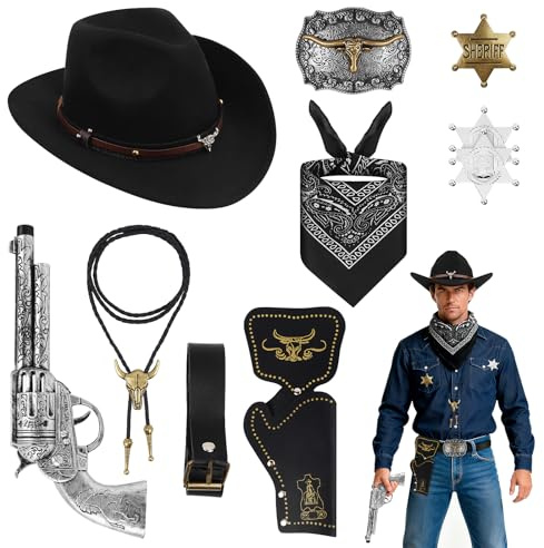 Cowboy Kostüm Herren Komplett Set 10 PCS, Cowboy Outfit für Cosplay Party | Western Outfit Herren für Erwachsene & Teens, Umfassendes Cowboy Zubehör für Mottopartys, Valentinstag, Karneval(Schwarz)