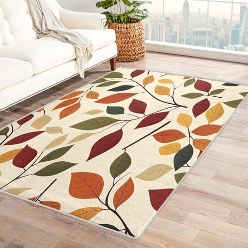 AUWUUA Bunt Blätter Teppich 100x200cm Moderne Waschbarer Pflanzen Teppich Wohnzimmer Schlafzimmer Deko, Boho Kurzflor rutschfest Läufer Flur Küchenteppiche, Eingangsbereich Fußmatten