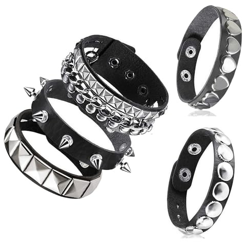 MSLSOZ Lot de 5 pulseras punk de cuero negro con tachuelas, pulsera Rock Spike personalizada, unisex, ajustable, para accesorios de fiesta y regalos.