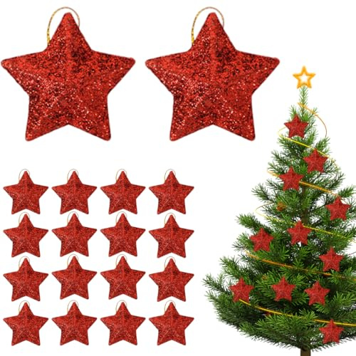 Teegxddy 18 Stück Christbaumschmuck Sterne,Dreidimensionale 3D-Sternornamente Hängender Anhänger,Dekoration von Möbeln(Rot)