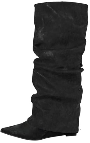 Knähöga stövlar dam med klack, breda stövlar dam vikbar över vinterstövlar varma långa stövlar spets slip-stövlar bekväma damstövlar slouchy mellanrör stövlar enfärgade stövlar, svart, 39 EU