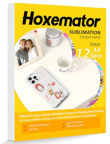 Hoxemator [12 Set] Sublimationspapier für Sublimationsdrucker & Tinte + Klar Sublimationsfolie zum Aufkleben Wasserfest Farbintensiv Sublimationstransferpapier für Tassen, Becher, Handyhüllen, DIY