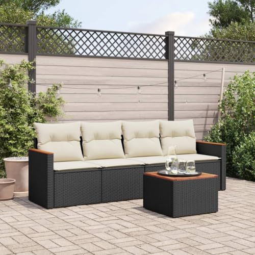 Ordellia 5-TLG. Garten-Sofagarnitur Schwarz, Polyrattan Loungeset mit Stauraum, Akazienholz-Tisch, UV-beständig, Cremeweiße Kissen, Modulares Design für Terrasse und Balkon
