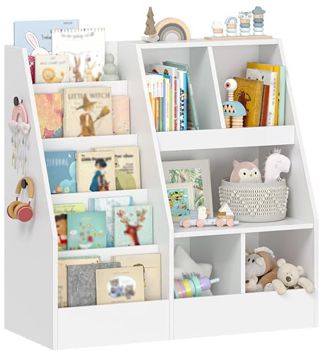 Hzuaneri Kinderregal, Spielzeugregal mit 5-Regalebenen und 5 offene Fächer, Kinderbücherregal, Kinderaufbewahrungsregal für Kinderzimmer, Spielzimmer, Wohnzimmer, Weiß, 40 x 90 x 90 cm KB23003X