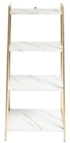 OHS Marble Ladder Shelf, 4 Tier Ladder Shelving Unit Modern Narrow Shelf with Metal Frame Bookshelf for Living Room Bedrooms Bathrooms Kitchen Home Wooden Book Case Unit, White/Gold - 90 x 43 x 30cm