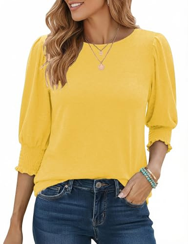 Aottori Tshirt Damen Rundhals 3/4 Ärmel Shirt Elegant Basic Oberteile | Langarmshirt, Stretch, Top, Dünn Pullover, Einfarbig, Sommer, Geraffte Bündchen, Lockere Passform, Alltag