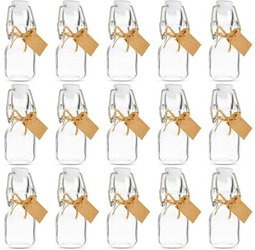 BLUE PANDA Mini Glass Favour Bottle with White Swing Top (Set of 15) - Jute Rope and 25 Mini Kraft Paper Tags for Labeling Included - 60 ml (2 oz)