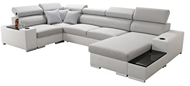 Großes Ecksofa mit Schlaffunktion Wohnlandschaft U-Form Passe XXL Sofa mit Bettkasten Abstellfläche Verstellbare Kopfstützen Gewebe Kunstleder Seite Rechts Links Grau Schwarz Braun 26