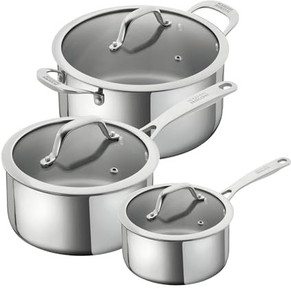 Kuhn Rikon 3-Piece Stainless Steel Cookware Set, Saucepans & Casserole | 1.5L/16cm & 3.1L/20cm Saucepans & 5.4L/24cm Casserole, Uncoated, Stay-Cool Handles, Glass Lids, Oven Safe to 240 C - Allround